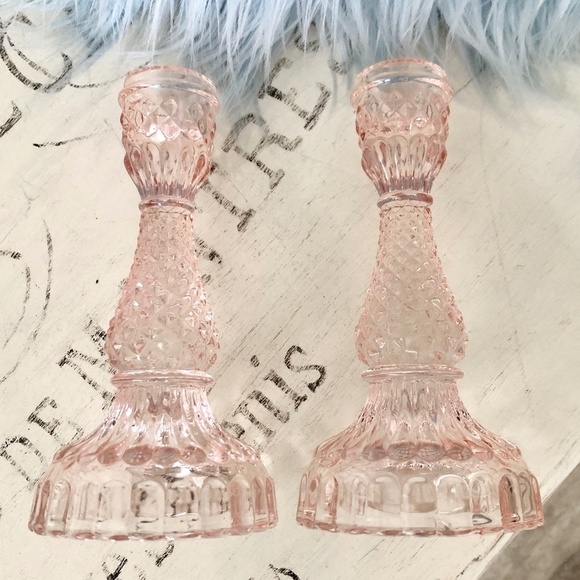 Candle Stick Holders, Taper, Pink, Glass, Set of 2, Very Nice Condition - Picture 6 of 7